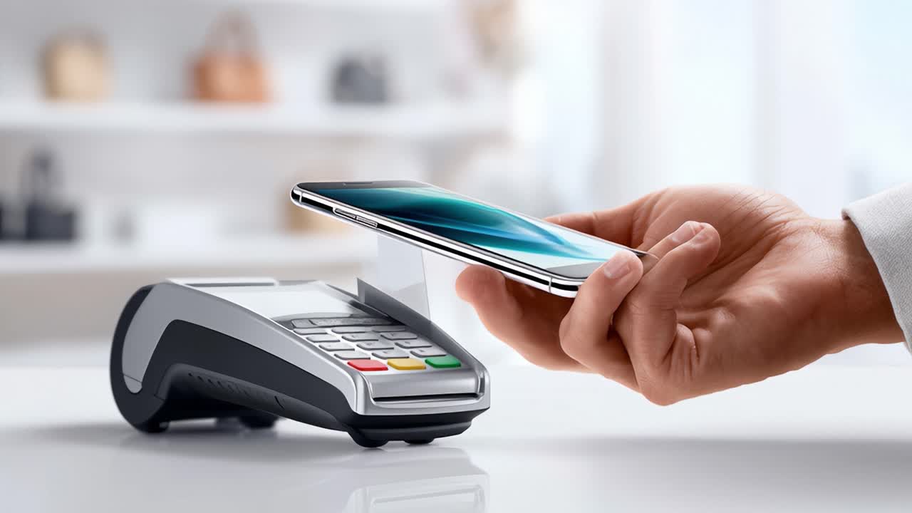 Seamless Mobile Payment Experience: A User Making a Contactless Transaction at a Point of Sale with a Sleek Smartphone and Modern Payment Terminal in a Stylish Environment
