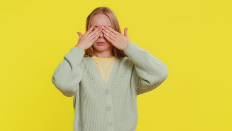 afraid shocked woman closing eyes confused shy scared reject to watch phobia shame stress