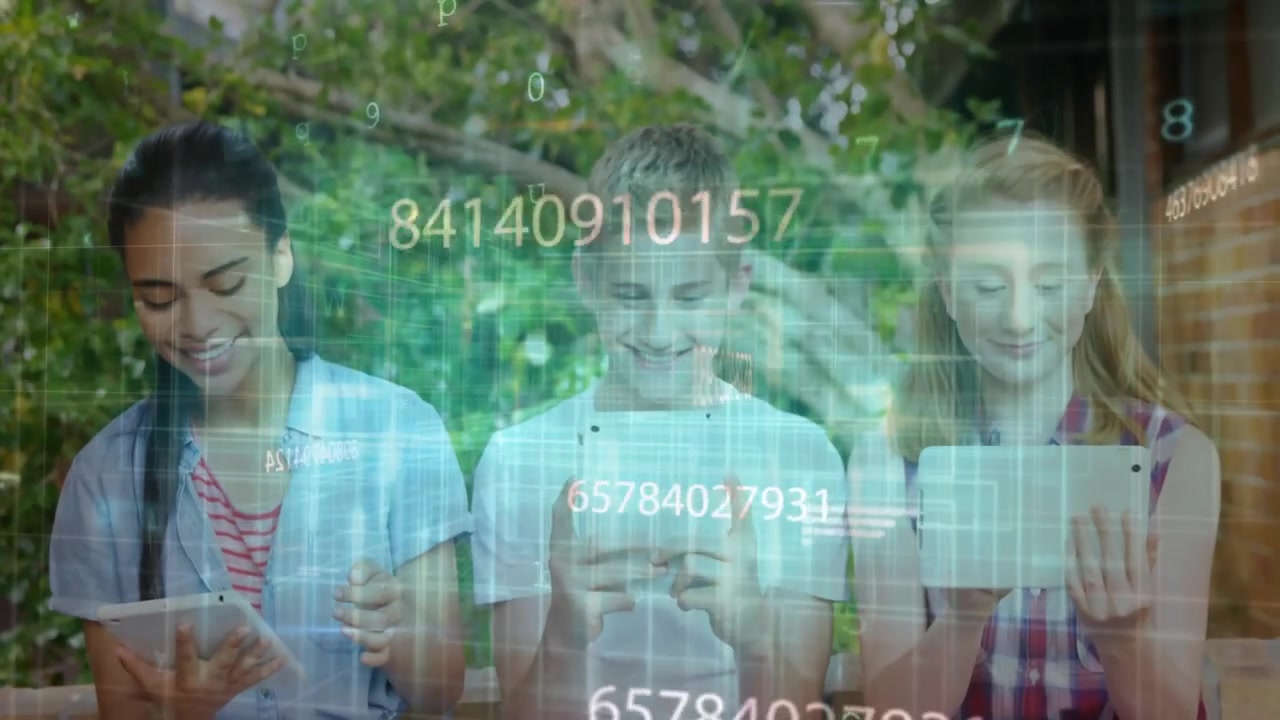 Three children tapping mobile devices starting tech education holographic numeric grid intensifying