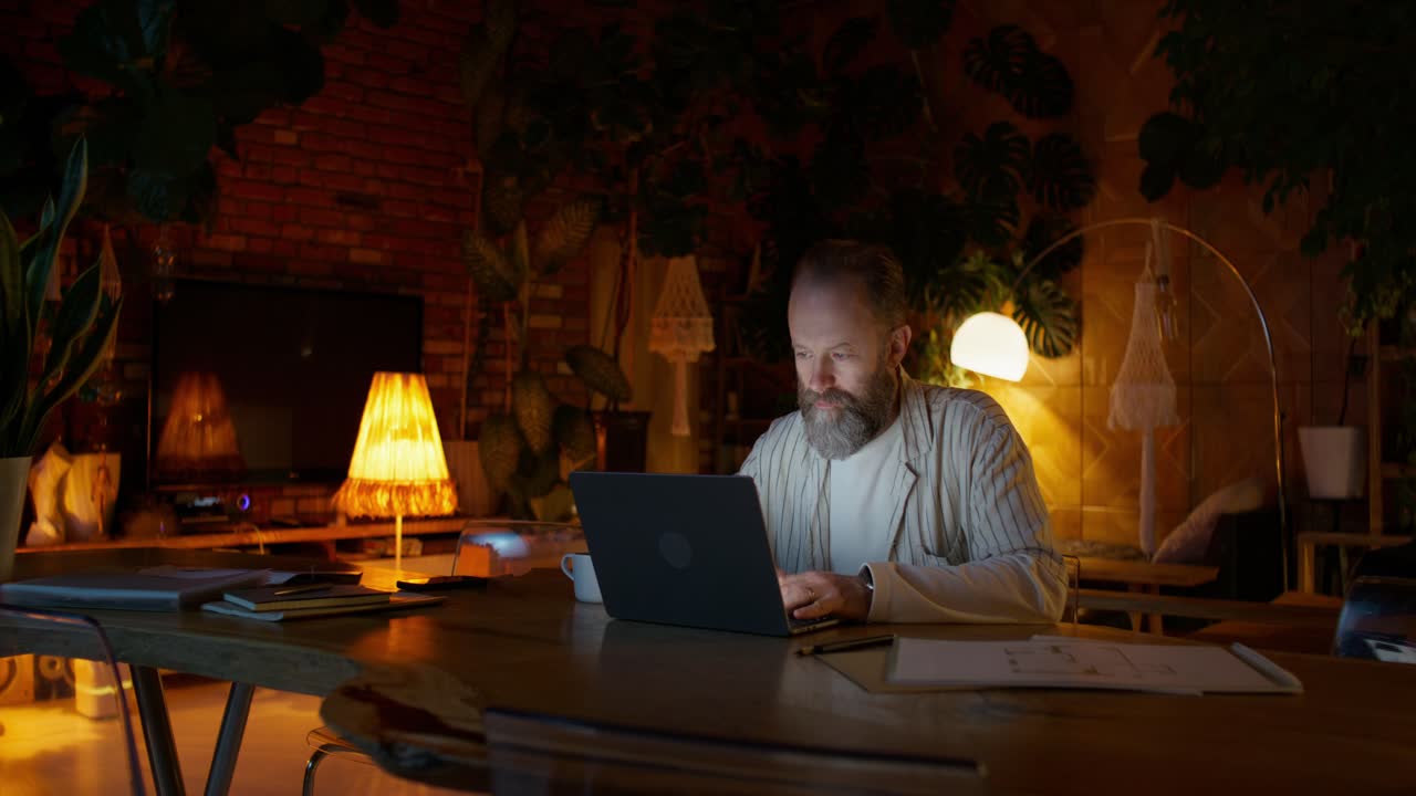 Uomo che lavora a tarda notte al computer portatile in un accogliente ufficio domestico