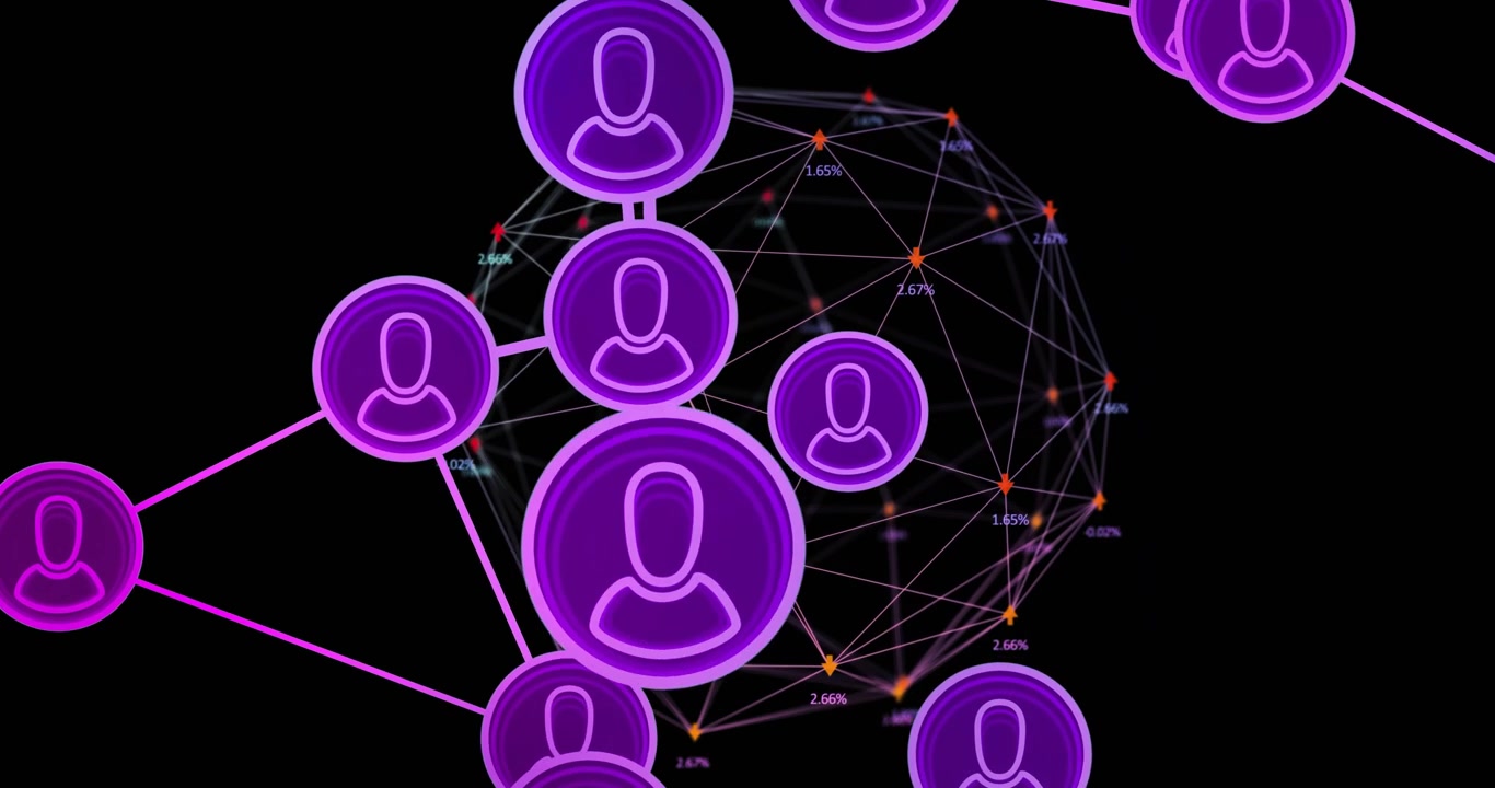 Animation of data processing and globe with connections with people icons over dark background