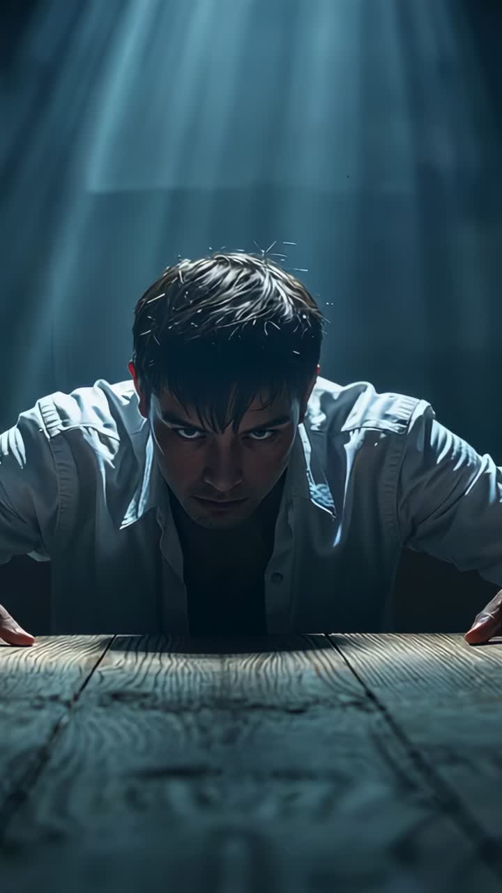 Vertical video: Leaning man in white shirt gripping wood table, beams starting, grinning for reveal