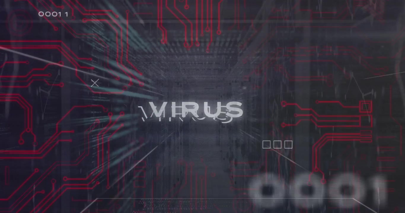 Animation of virus text over binary codes, computer language against connected dots on server room