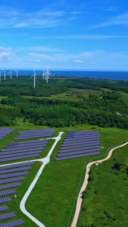 aerial view of a latvian landscape showcasing large solar panel arrays and wind turbines with the baltic sea in the backdrop, symbolizing sustainable energy