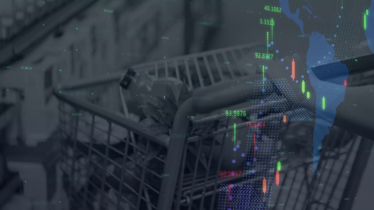 식료품 가게의 쇼핑 카트에 대한 금융 데이터 처리 및 세계 지도