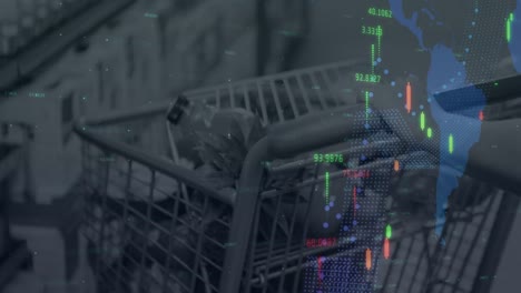 financial data processing and world map against shopping cart in grocery store