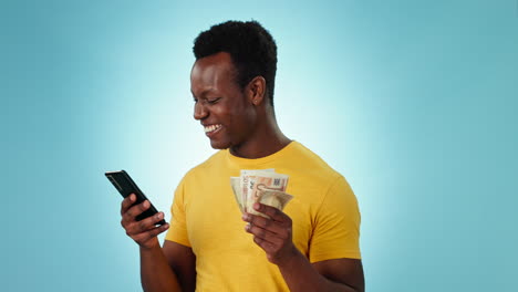 happy black man, phone and money in financial