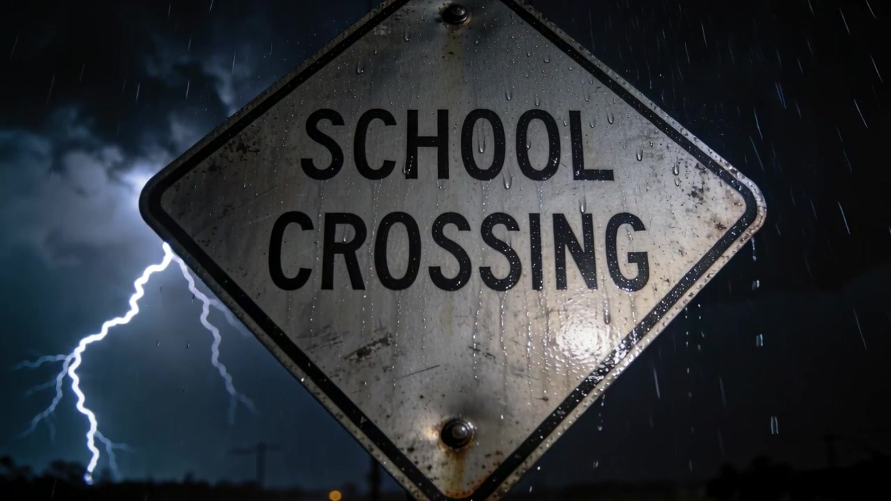 Fulmine lampeggiante che illumina il segnale di ATTRAVERSAMENTO SCUOLA a bordo strada, rivelando ruggine e un luccichio bagnato.