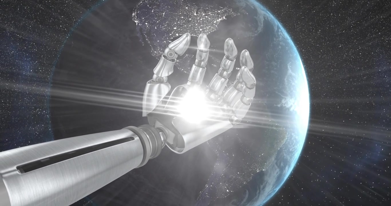 Digital animation of bright spot of light against robotic hand and globe against black background