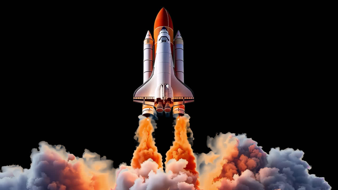 Sovrapposizione animata di uno space shuttle che si lancia verso il cielo, video 4K trasparente, canale alfa, ProRes 4444