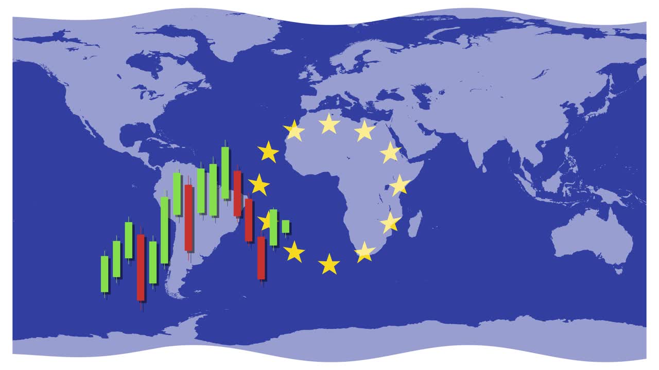 Animation of candlestick graphs over a world map with EU stars, illustrating financial trends and economic focus