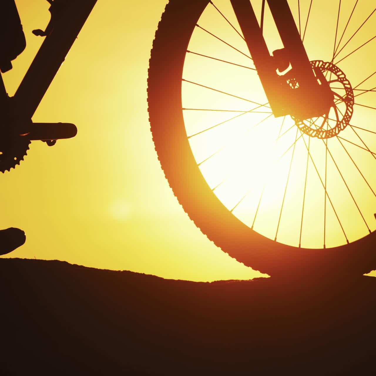 Amazing sunset and a big wheel of a bike in the evening. Silhouette of a bicycle on the background of golden sunset outdoors. Natural evening landscape and a bike. Close-up.