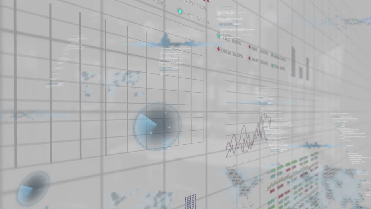 Animation of statistical and stock market data processing over grid network against grey background