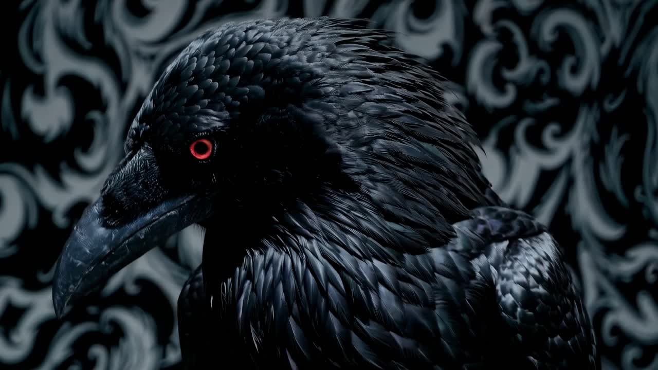 Close-up of a raven with intense red eyes against a dark, ornate background
