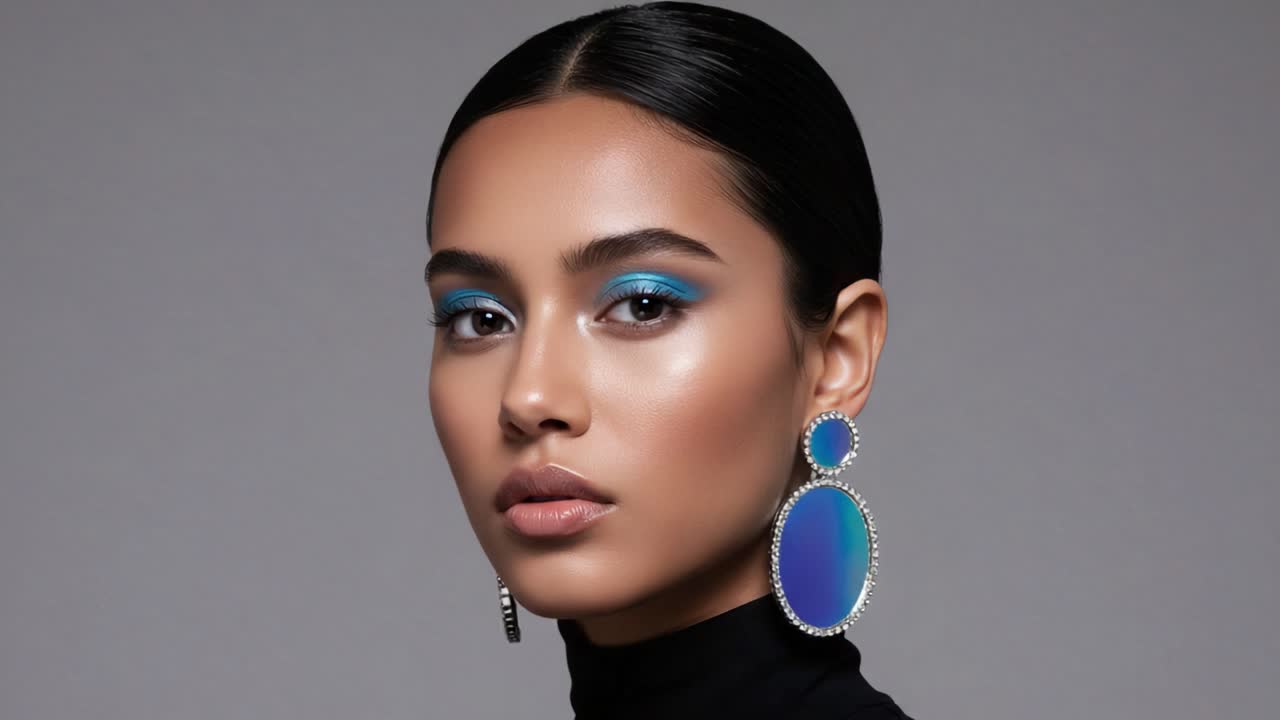 Stunning Portrait of a Model Showcasing Bold Makeup and Statement Earrings, Capturing Elegance and Modern Fashion Trends in a Minimalistic Setting