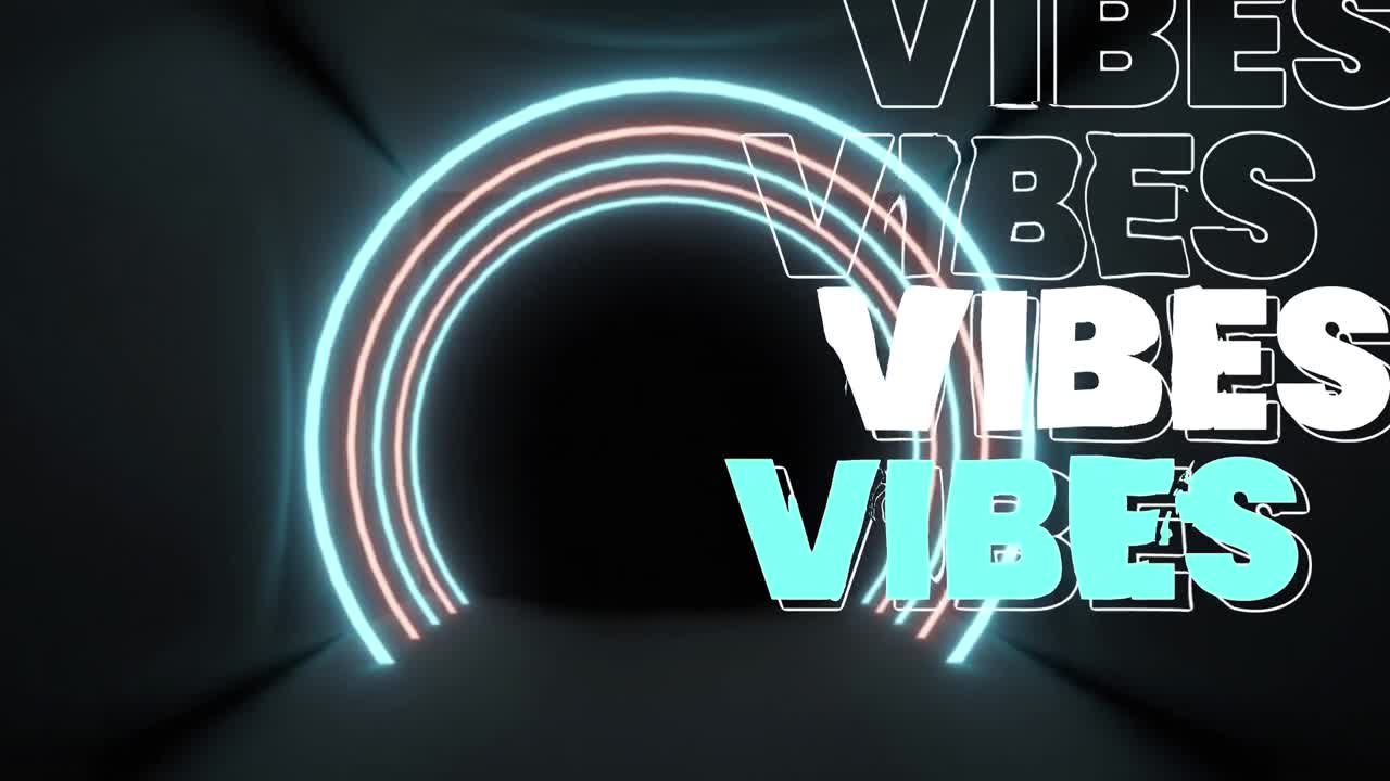 Animation of vibes text over neon tunnel on black background