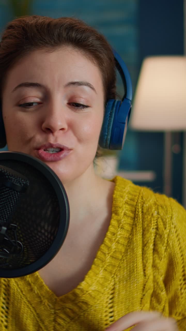 Vertical video: Woman arranging professional microphone recording podcast