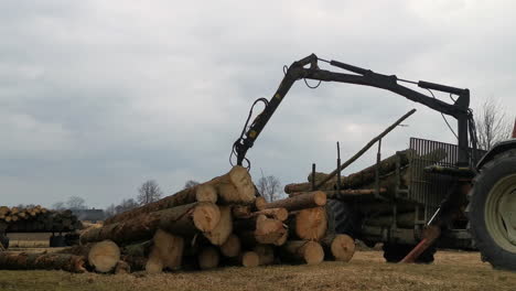 Tractor-Descargando-Troncos-Del-Remolque-En-Un-Día-De-Mal-Humor,-Vista-Estática