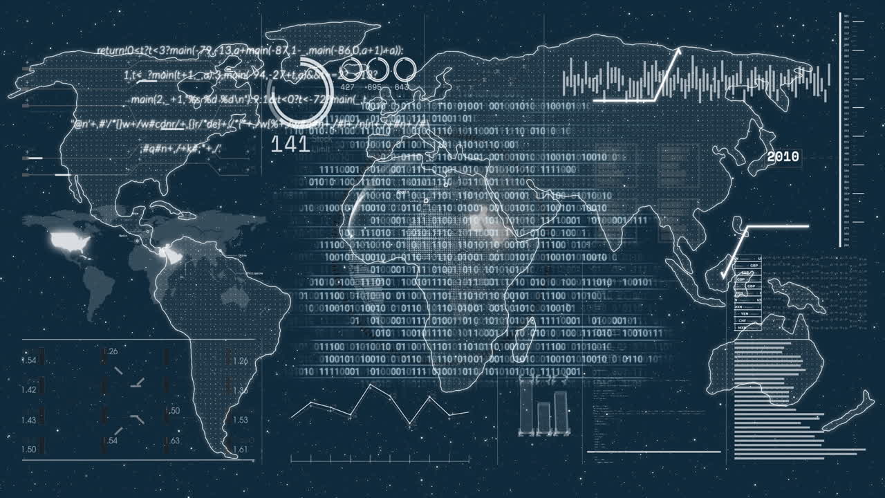animación del procesamiento de datos y el mapa del mundo sobre fondo negro
