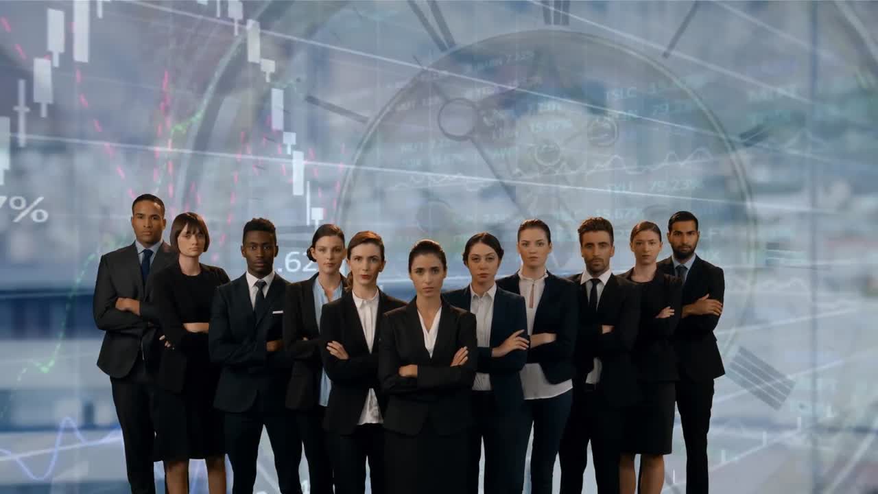 다양한 그래프와 시계의 애니메이션이 다양한 사업가들을 움직이고 있습니다.