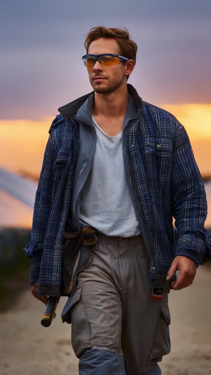 Una persona decidida camina con confianza con un precioso atardecer de fondo, mostrando fuerza, resiliencia y concentración, vestida con ropa de trabajo adecuada para condiciones exteriores y tareas laboriosas.