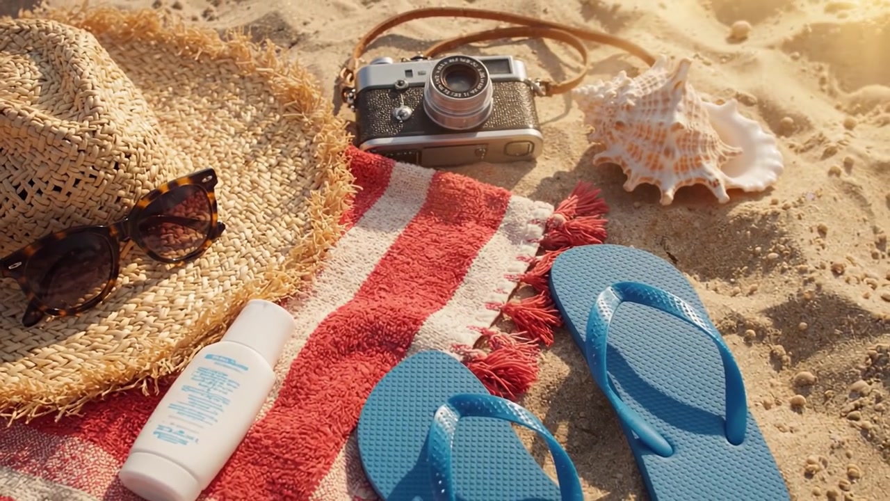 Essentiels de plage estivaux : Un chapeau de paille élégant, des lunettes de soleil, de la crème solaire et un appareil photo parfaitement disposés sur une serviette colorée pour des journées amusantes sous le soleil