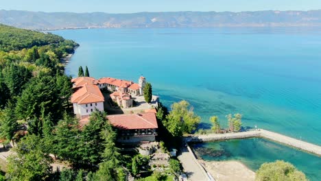 aerial view of north macedonian saint naum monastery. flight above ohrid lake.