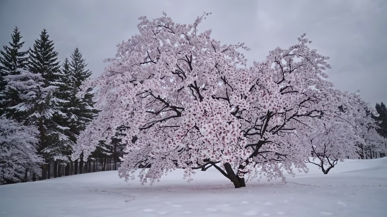 Wide-angle shot of a snow-covered landscape with blooming cherry trees, creating a serene, cinematic