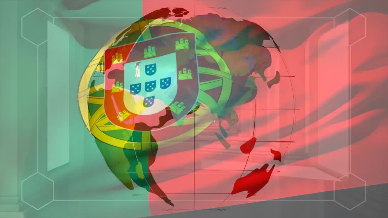 ondeando la bandera portuguesa contra el globo giratorio y la interfaz digital con el procesamiento de datos