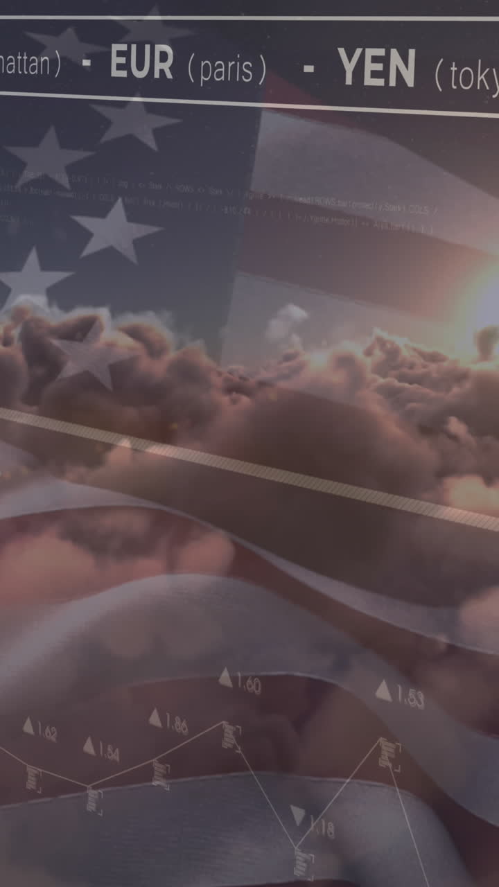 animación del procesamiento de datos sobre nubes y bandera de américa