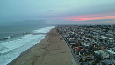 Iconic-Manhattan-beach-and-pier-in-Los-Angeles,-aerial-drone-view