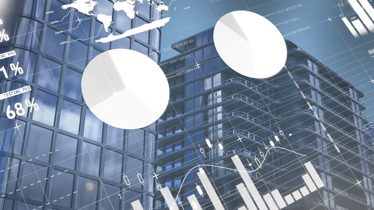 도시 풍경 위의 금융 데이터 처리 애니메이션