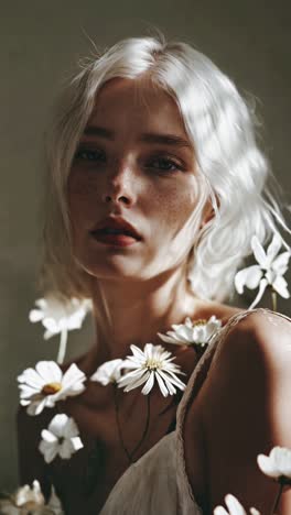 woman with white hair and daisies