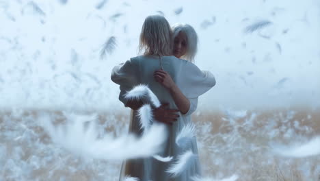 two people embracing amidst falling white feathers in a field