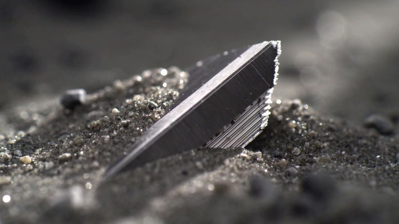 Shifting camera revealing faceted metallic shard embedded in dark sand and pebbles, showing grooves