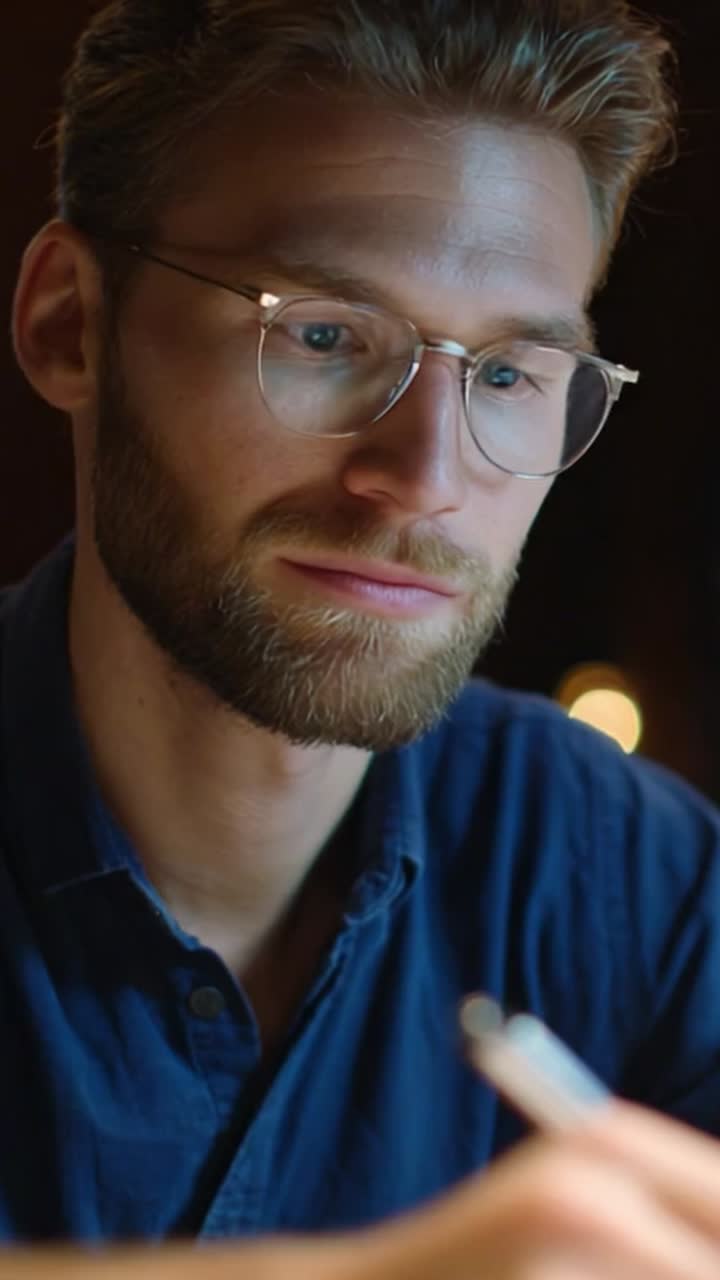 Um jovem contemplativo de óculos reflete sobre seus pensamentos enquanto escreve, capturado durante um sereno momento de inspiração em um ambiente com pouca luz