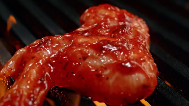 Marinated Chicken Wing Barbecuing On The Charcoal Grill Among Fire Flames in Slow Motion, BBQ in Macro
