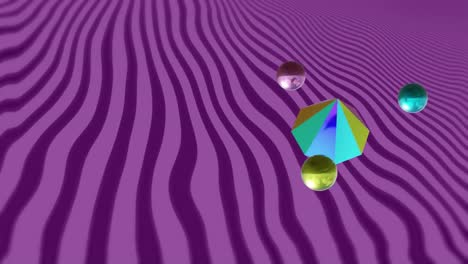 Animation-of-3d-multicoloured-shapes-over-purple-stripes-background