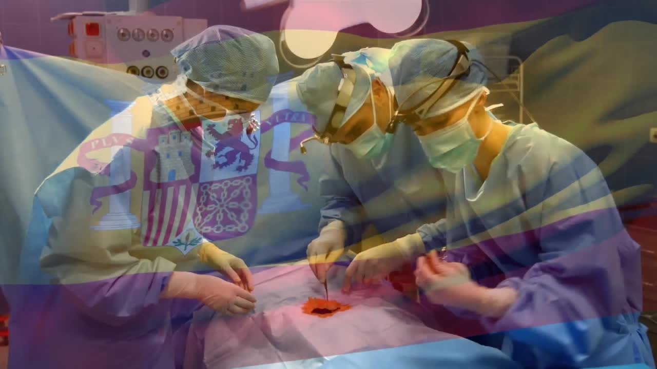 수술실에서 외과 의사 들 위 에 스페인 국기 가 흔들리는 애니메이션