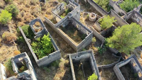 vista aérea de arriba hacia abajo que rodea las ruinas abandonadas de lo que queda de las casas en el pueblo de kayakoy en fethiye turquía donde no hay techos y solo árboles crecidos