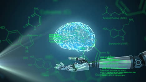 Animación-Del-Procesamiento-De-Datos-Sobre-El-Cerebro-Humano-Y-El-Brazo-Del-Robot-Sobre-Fondo-Oscuro