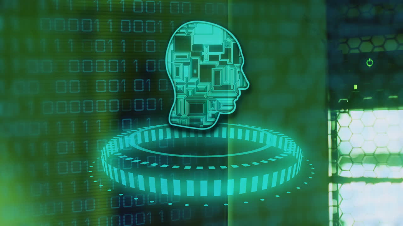 animación del cerebro humano, codificación binaria procesamiento de datos a través de servidores informáticos
