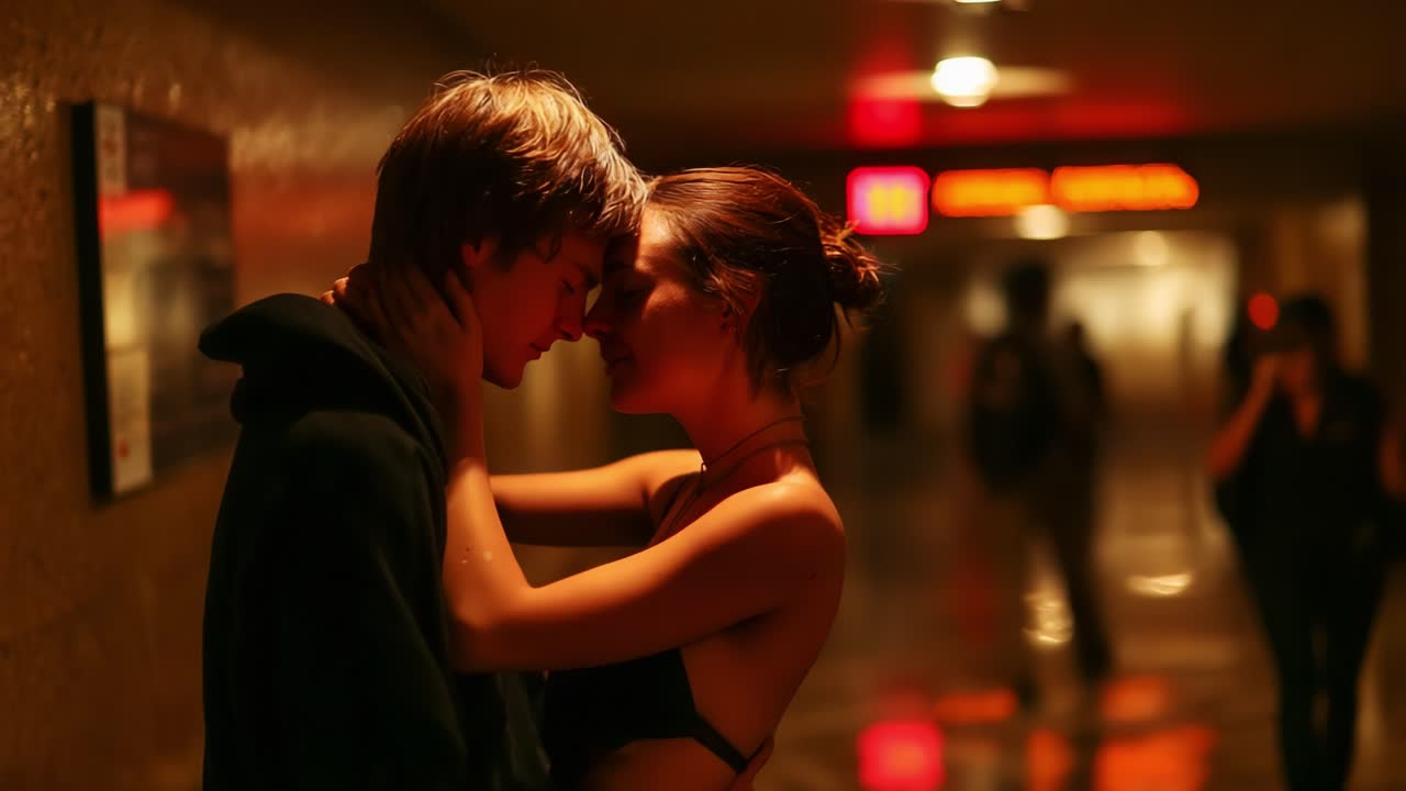 A tender embrace between two individuals highlights a moment of deep connection and emotion in a softly lit corridor, where love seems to flourish amidst the blurred urban backdrop