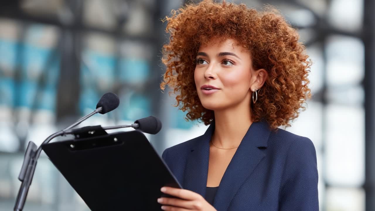 Engaging Speaker Showcases Confidence and Charisma While Addressing an Audience from a Podium with Microphones in a Modern Venue Setting