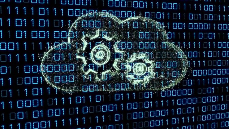 Scrolling binary code causing glitch morphing into glowing cloud with gears visualizing data flow