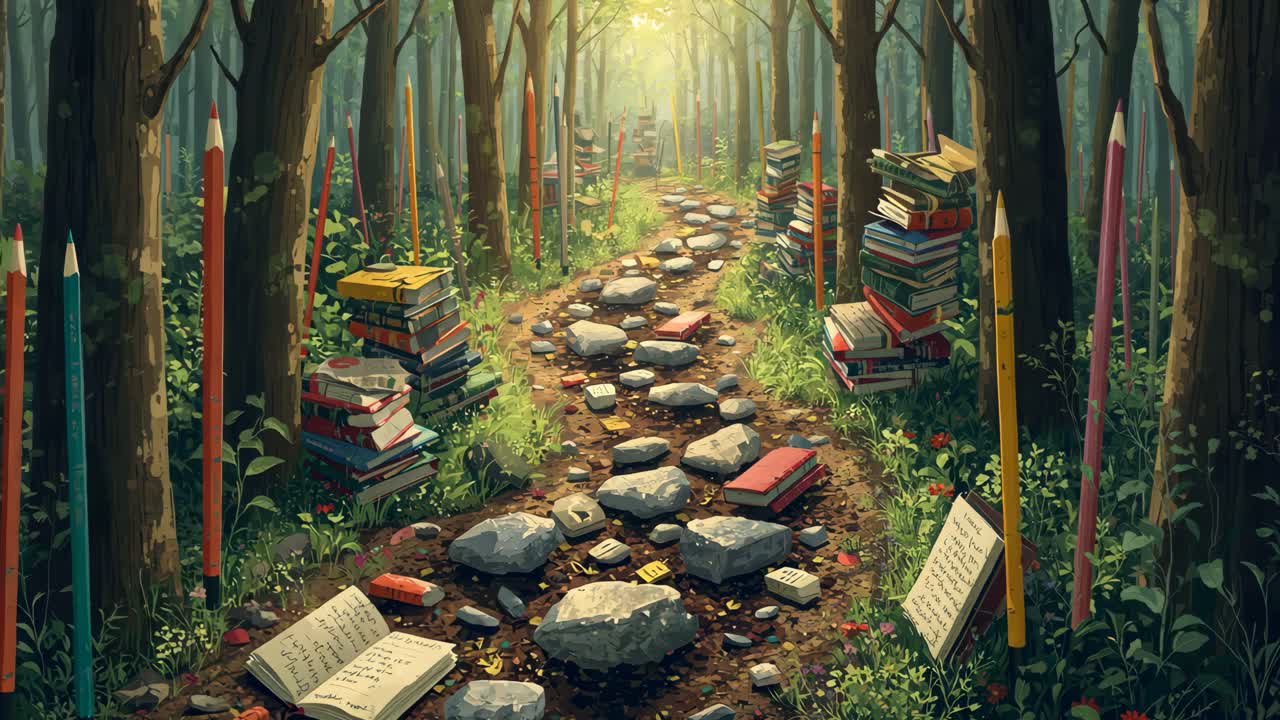 A Whimsical Forest Path Lined with Books and Pencils