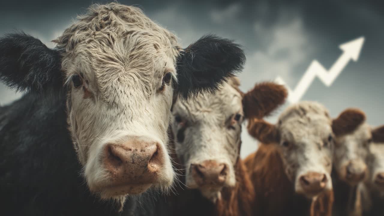 A group of cows stands resolutely under a dramatic sky, symbolizing agriculture's potential growth with an upward trend indicated in the background, showcasing their importance in farming