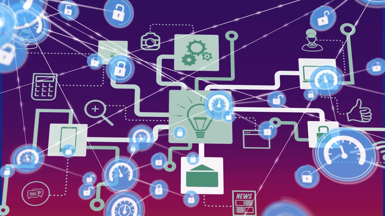 Animation of network of connections with icons on purple background