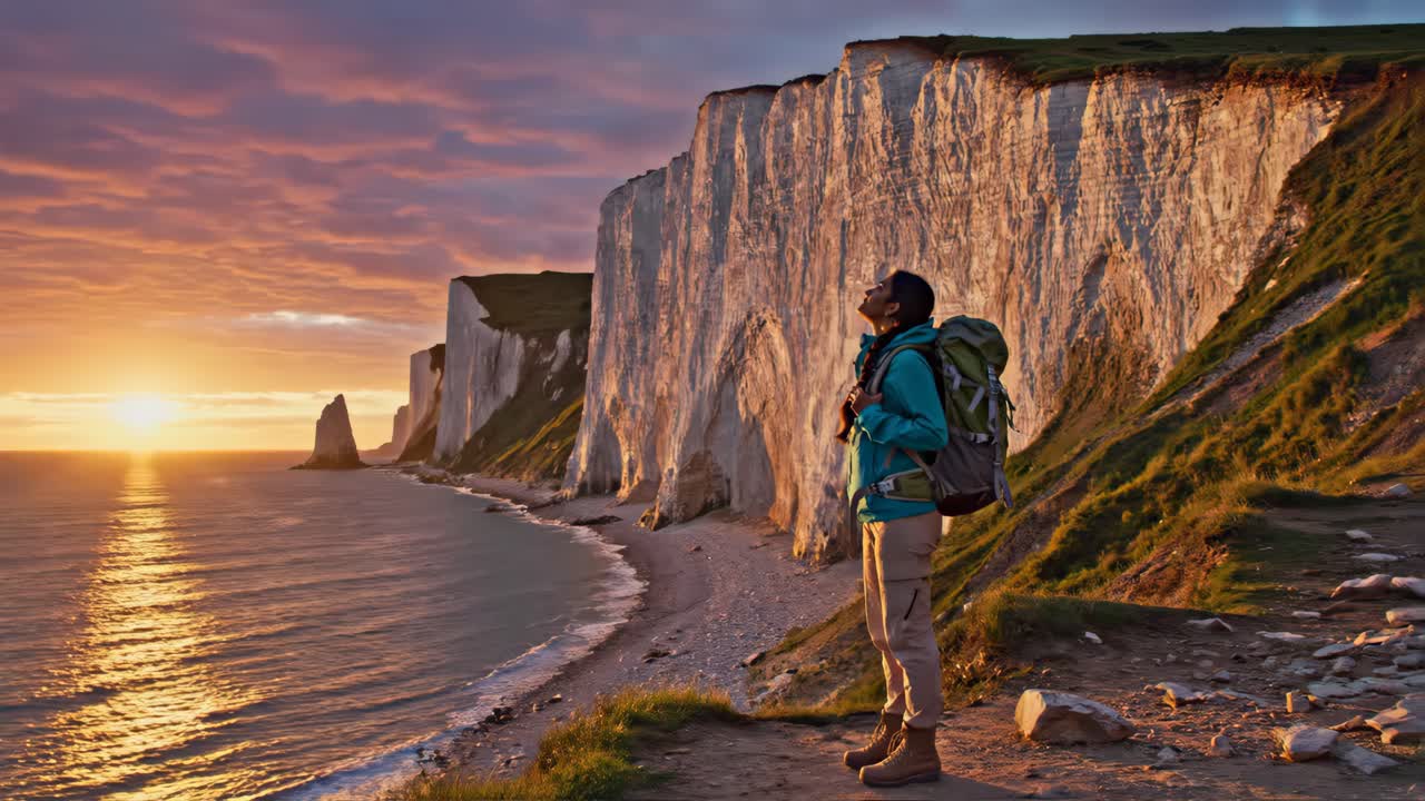 Hiker Enjoying Sunset Views on Chalk Cliffs