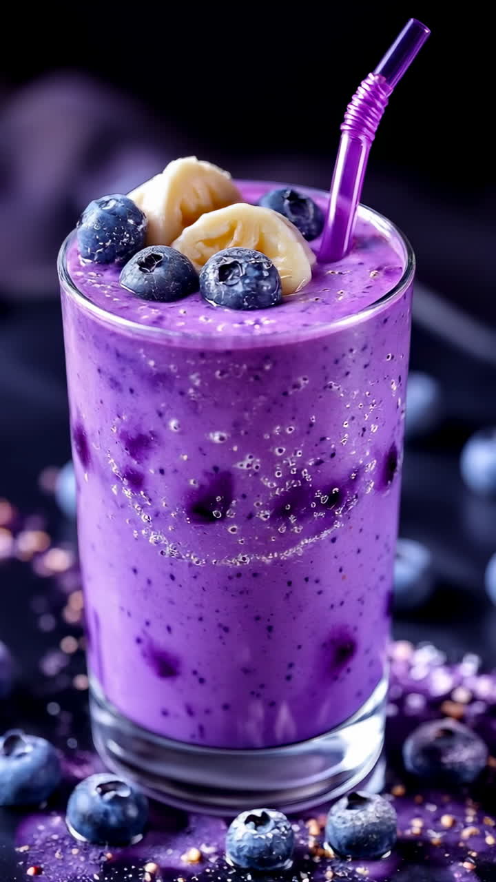 Goditi un delizioso, vivace e rinfrescante frullato di mirtilli e banane servito in un bicchiere.